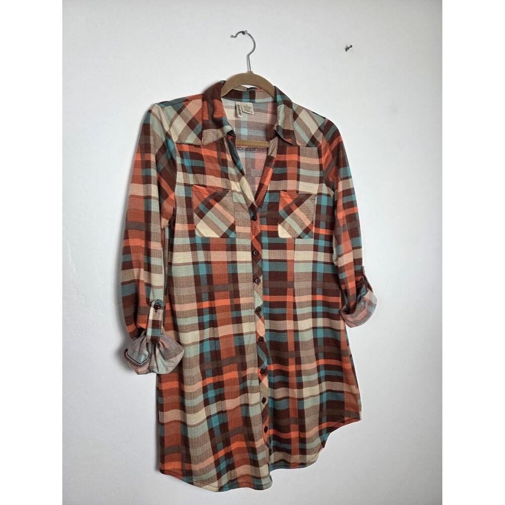 Passport Plaid Button Front Shirt Extra Long Roll Tab Lightweight Boho Summer M